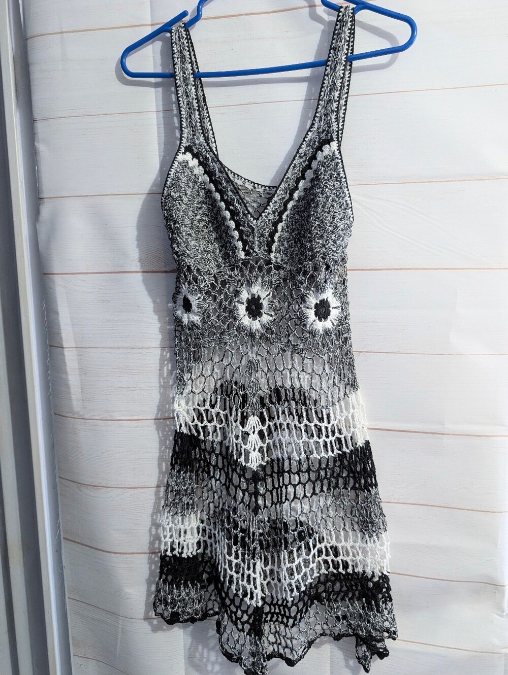 Handmade Crochet Lace V-Neck Tank Dress in Black & White Size Large